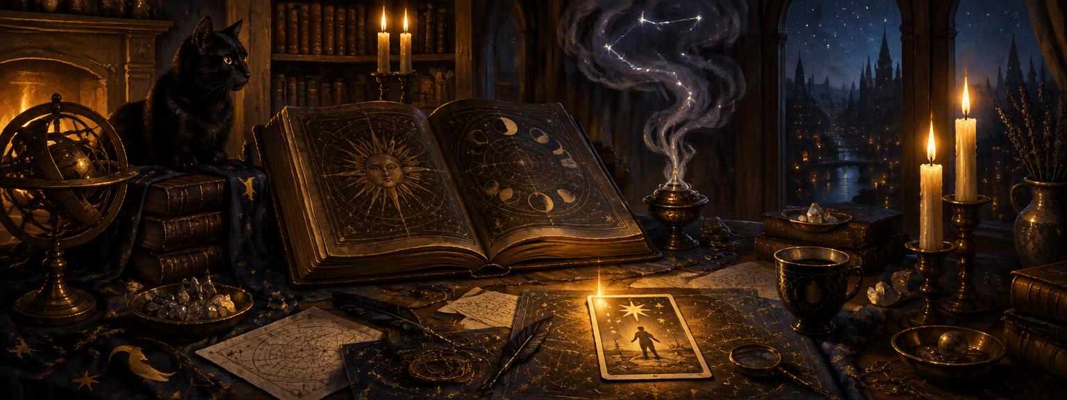 A candlelit study with an open star atlas, quill and a glowing tarot card