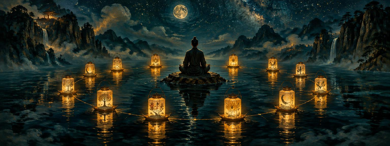 Twelve lanterns floating in a ring on still water around a seated figure