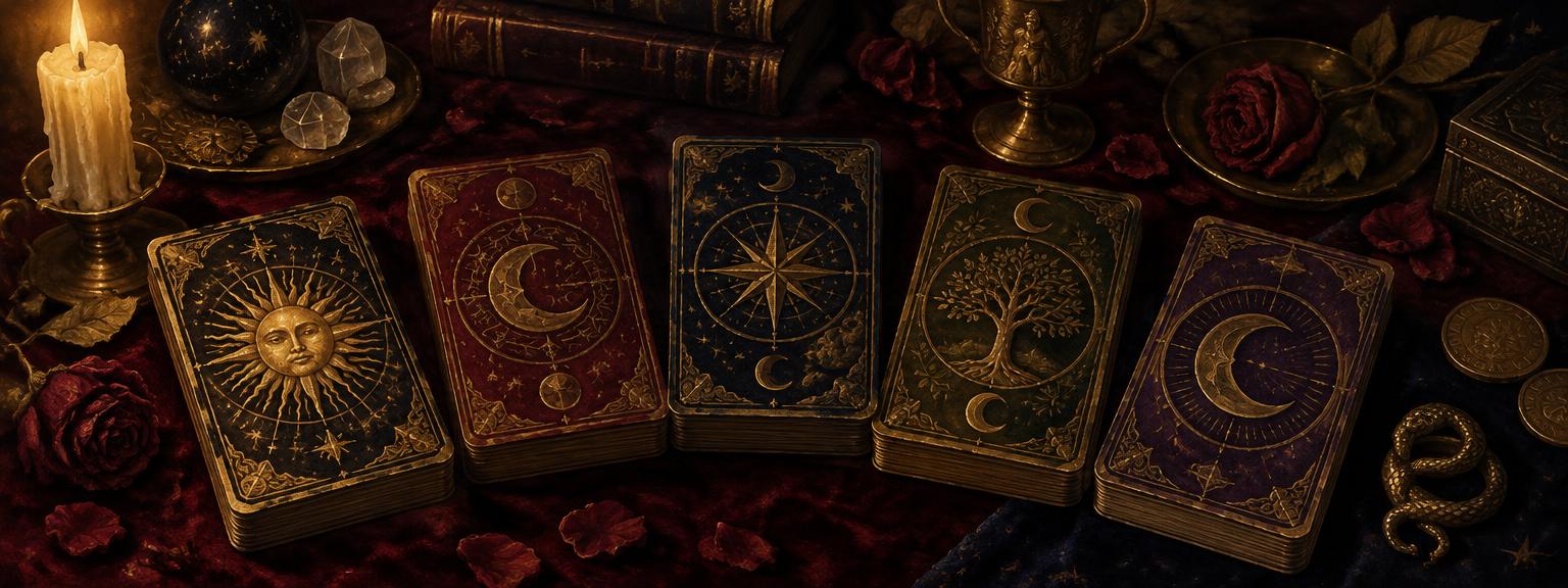 Five gilded tarot decks fanned across velvet by candlelight