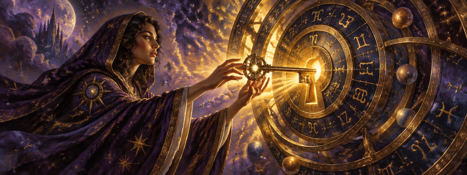 A golden key turning in a celestial lock of zodiac rings