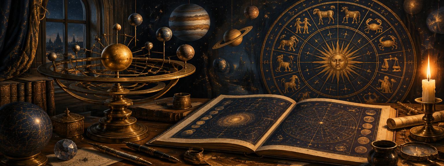 A brass orrery, zodiac wheel and open star atlas by candlelight