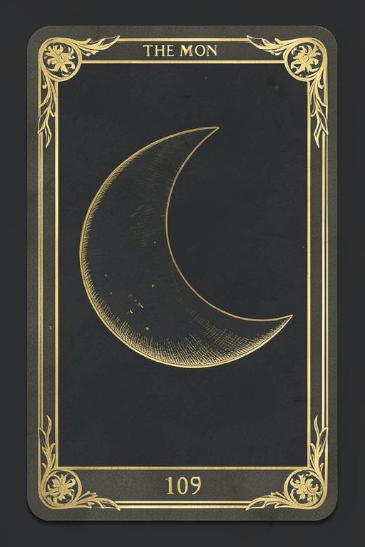 An antique gold engraving of The Moon tarot card
