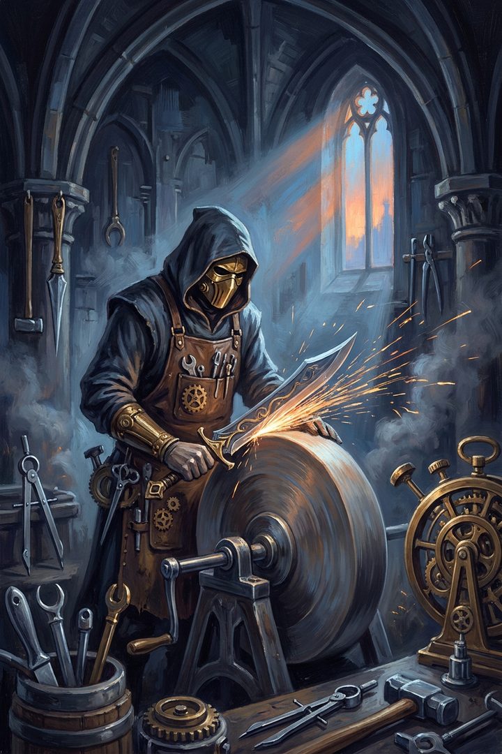 Sharp Tools: an original painted scene, an illustrated scene