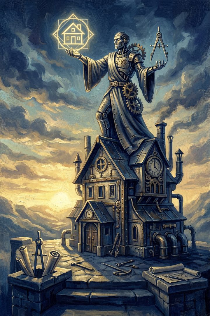 Built House: an original painted scene, an illustrated scene