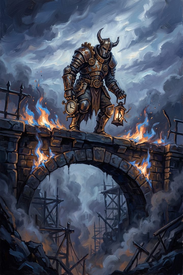 Bridge Fire: an original painted scene, an illustrated scene