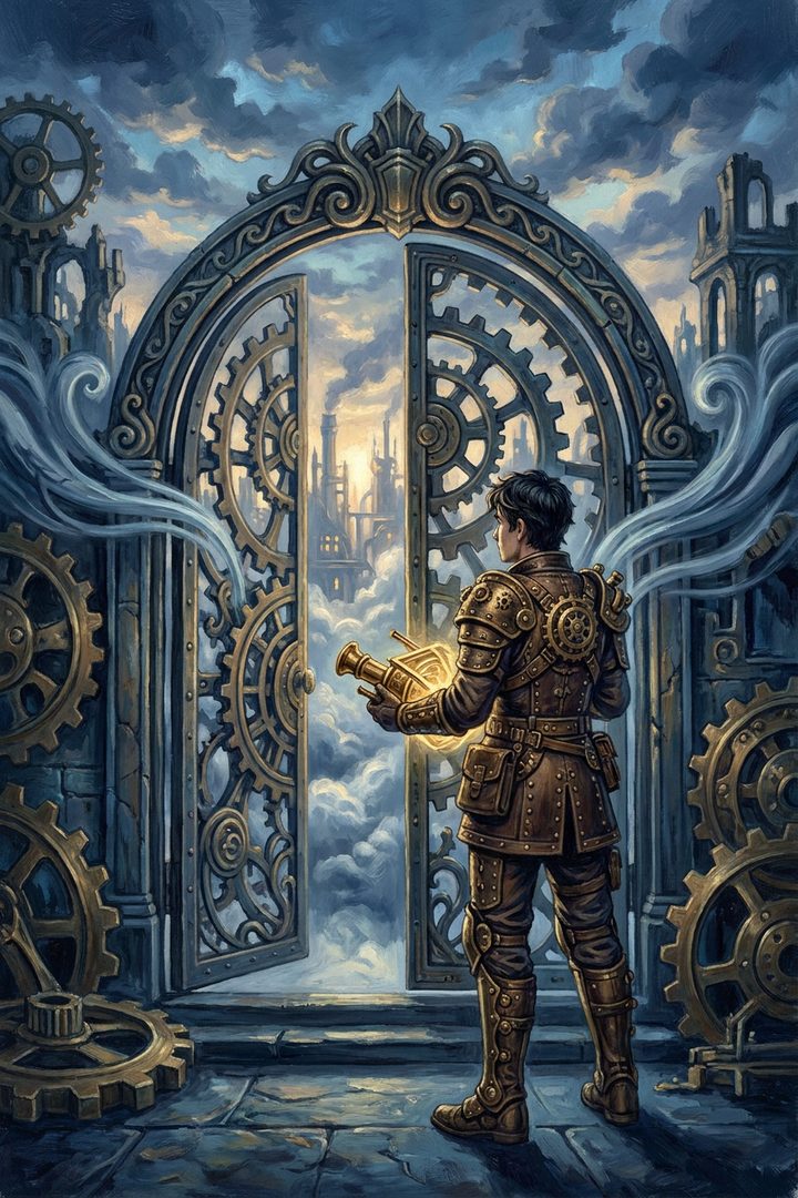 Open Gate: an original painted scene, an illustrated scene