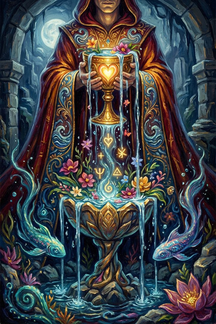 Ace of Cups: an original painted scene, an illustrated scene