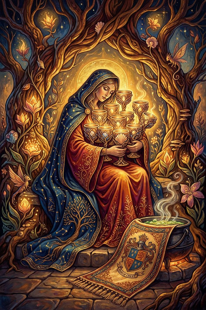 Ten of Cups: an original painted scene, an illustrated scene