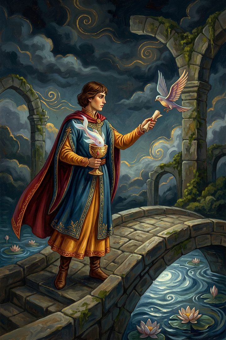 Page of Cups: an original painted scene, an illustrated scene