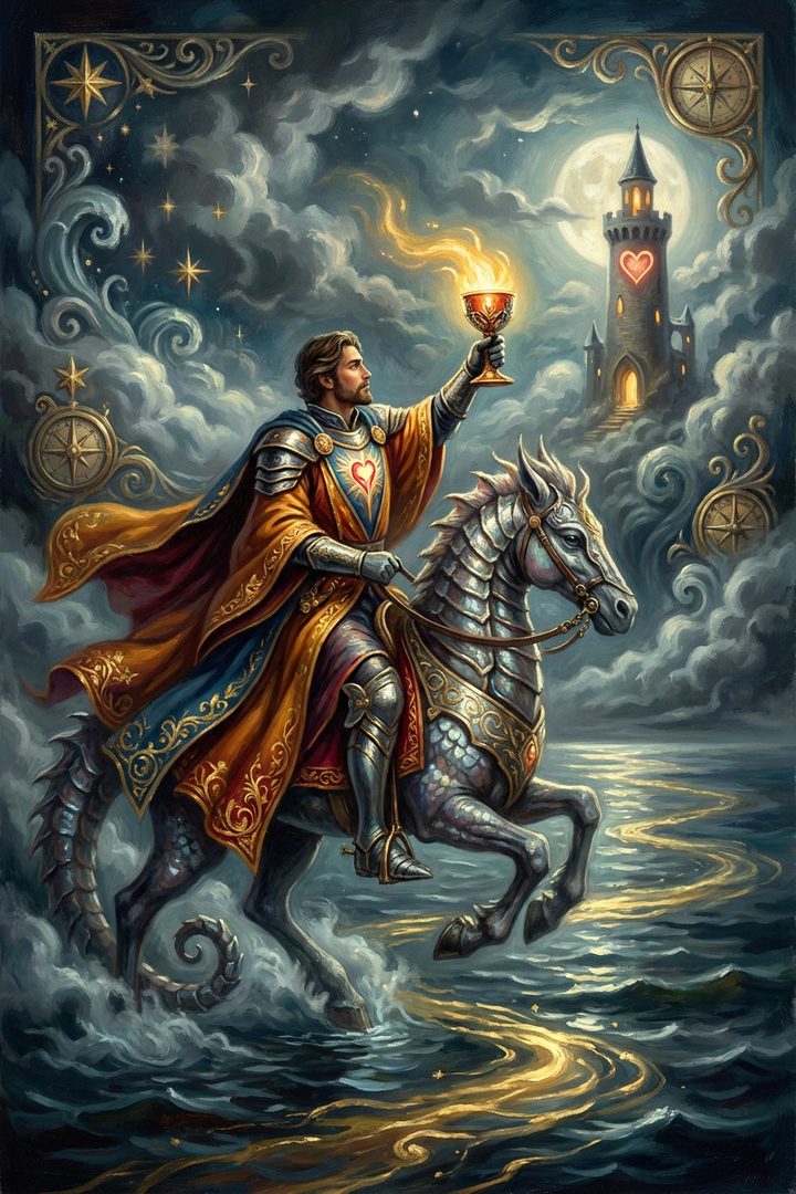 Knight of Cups: an original painted scene, an illustrated scene