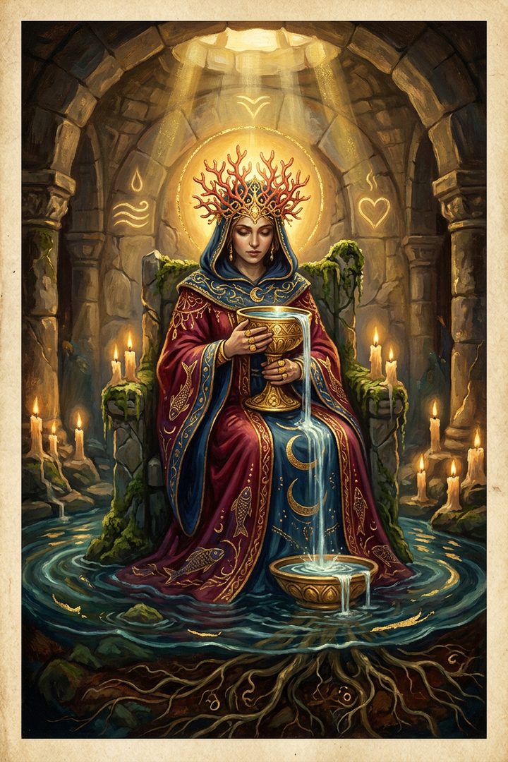 Queen of Cups: an original painted scene, an illustrated scene