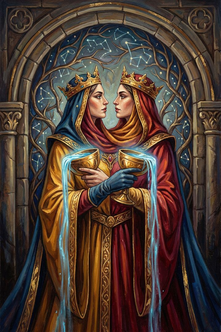 Two of Cups: an original painted scene, an illustrated scene