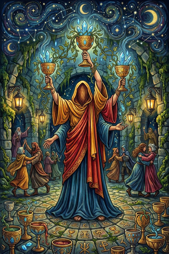 Three of Cups: an original painted scene, an illustrated scene