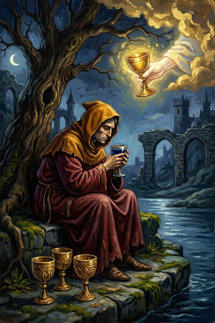 Four of Cups: an original painted scene, an illustrated scene