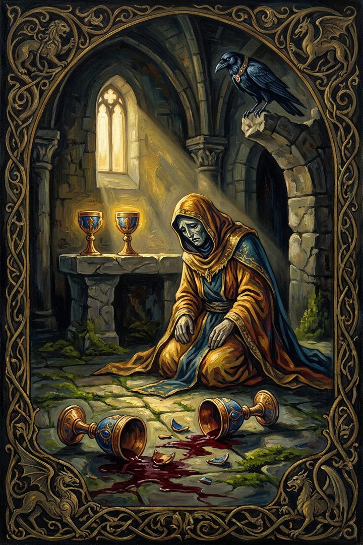 Five of Cups: an original painted scene, an illustrated scene