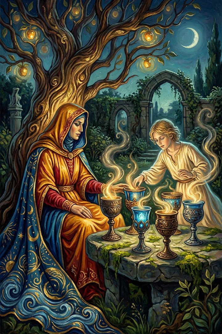 Six of Cups: an original painted scene, an illustrated scene