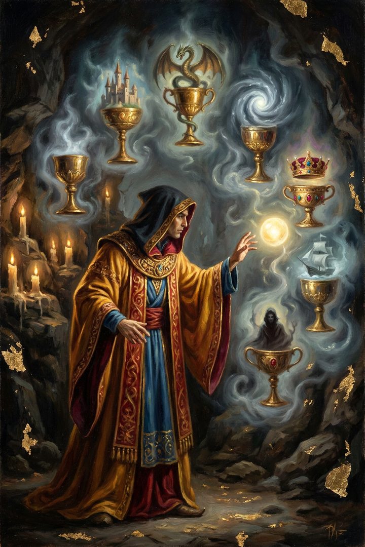 Seven of Cups: an original painted scene, an illustrated scene