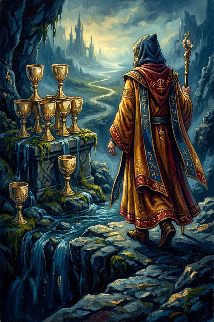 Eight of Cups: an original painted scene, an illustrated scene