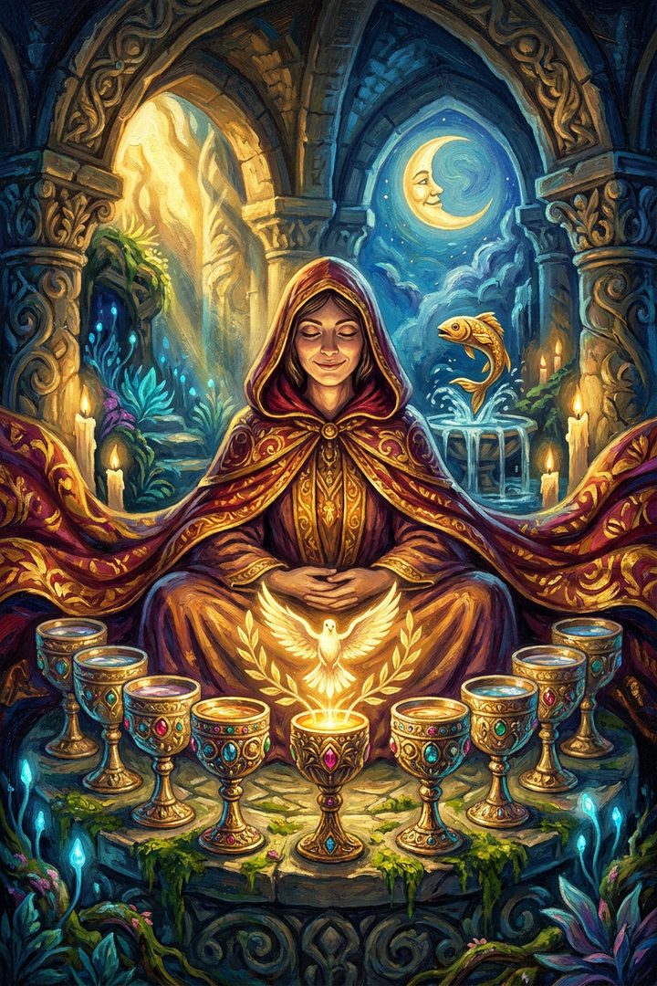 Nine of Cups: an original painted scene, an illustrated scene