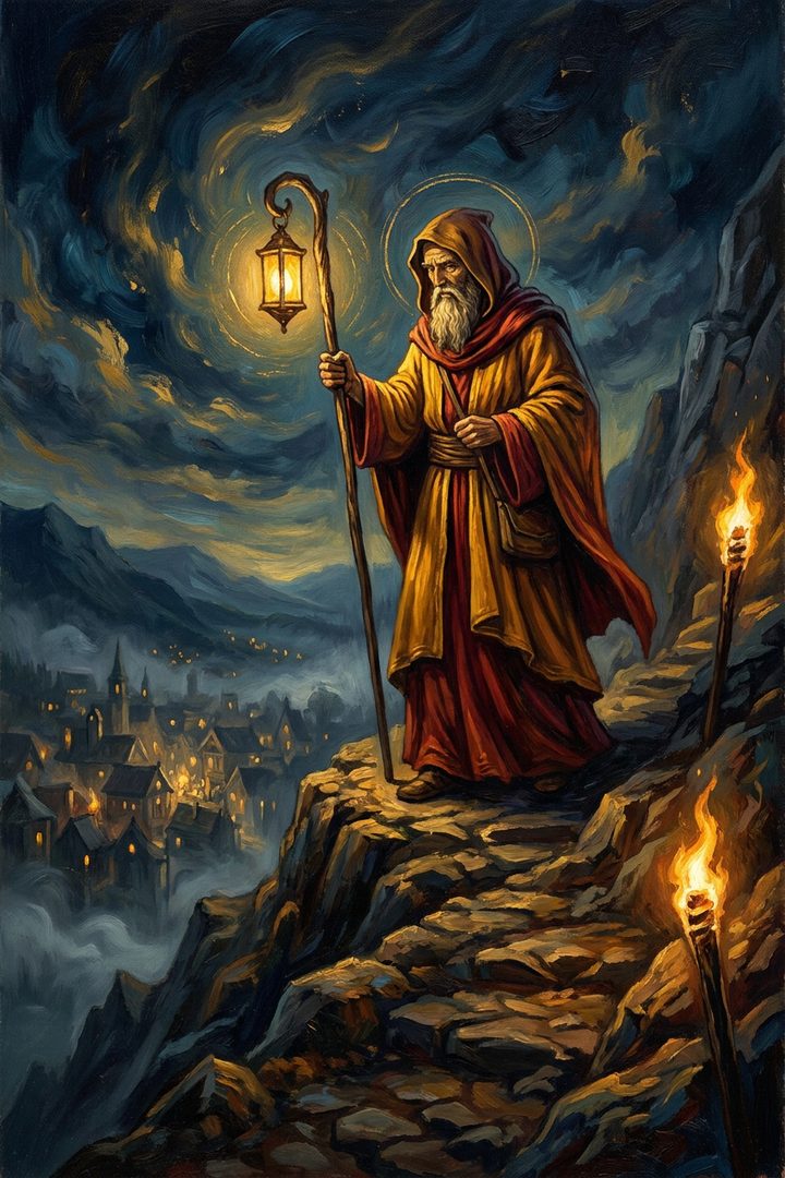 The Hermit: an original painted scene, an illustrated scene