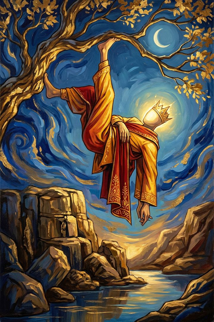 The Hanged Man: an original painted scene, an illustrated scene