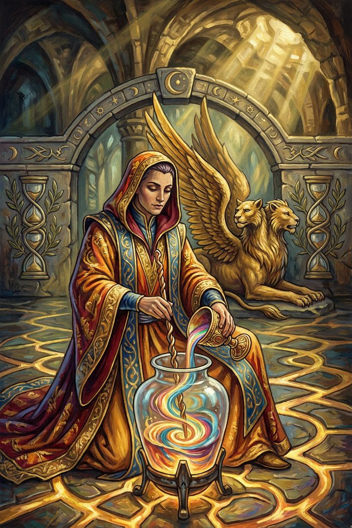 Temperance: an original painted scene, an illustrated scene