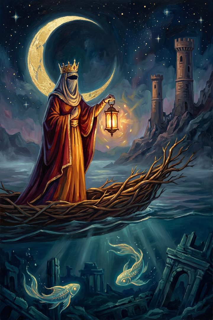 The Moon: an original painted scene, an illustrated scene