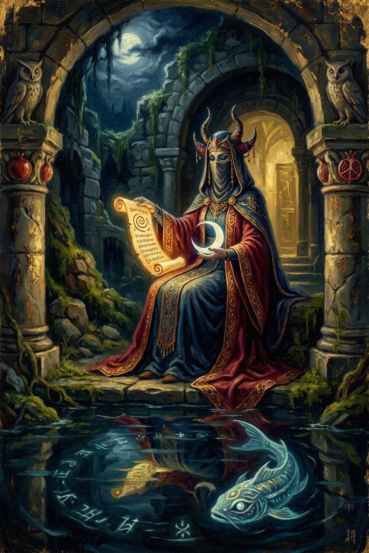The High Priestess: an original painted scene, an illustrated scene