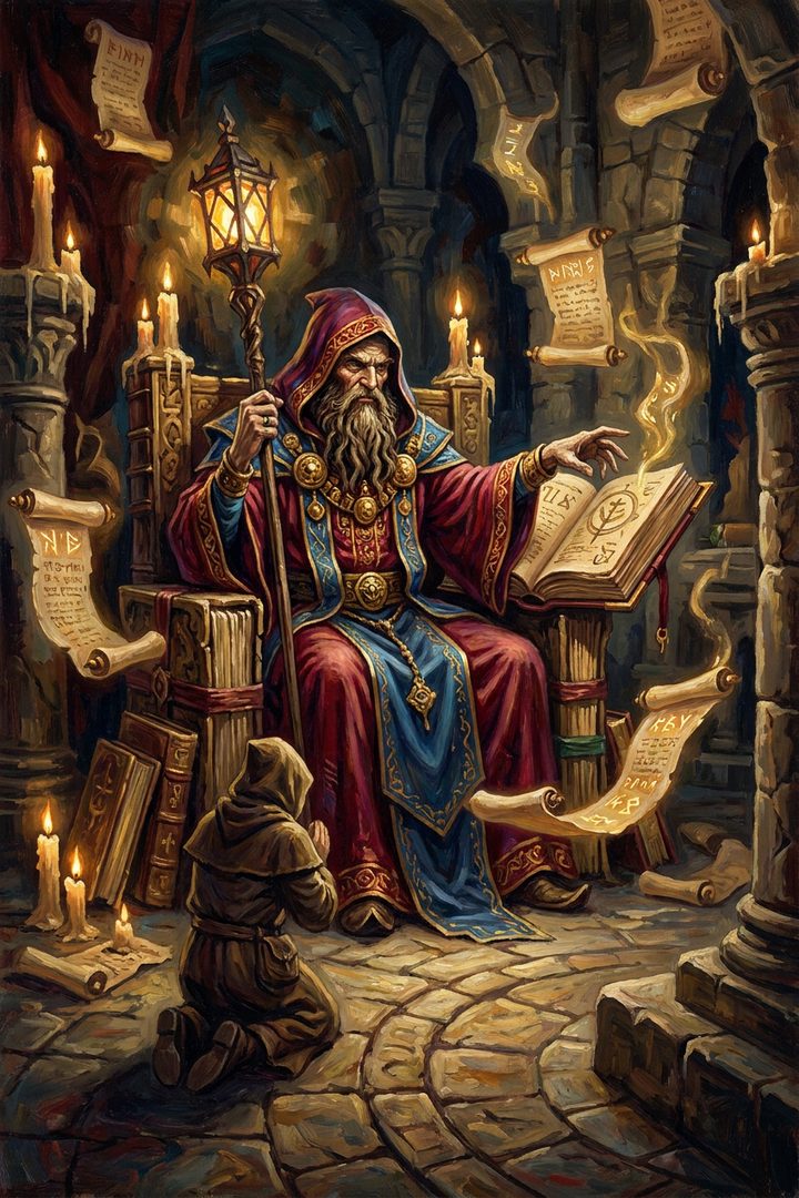 The Hierophant: an original painted scene, an illustrated scene