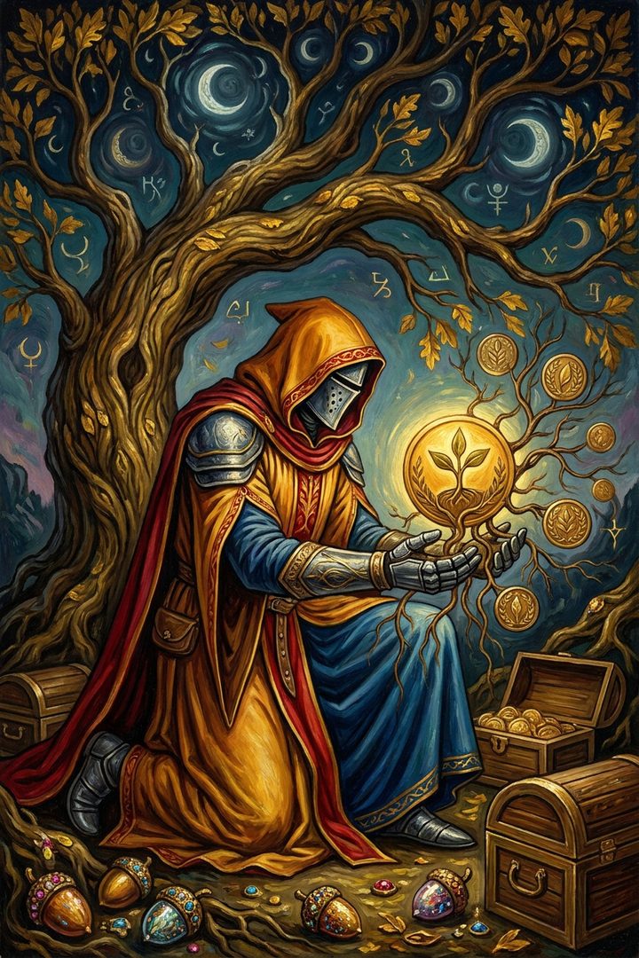 Ace of Pentacles: an original painted scene, an illustrated scene