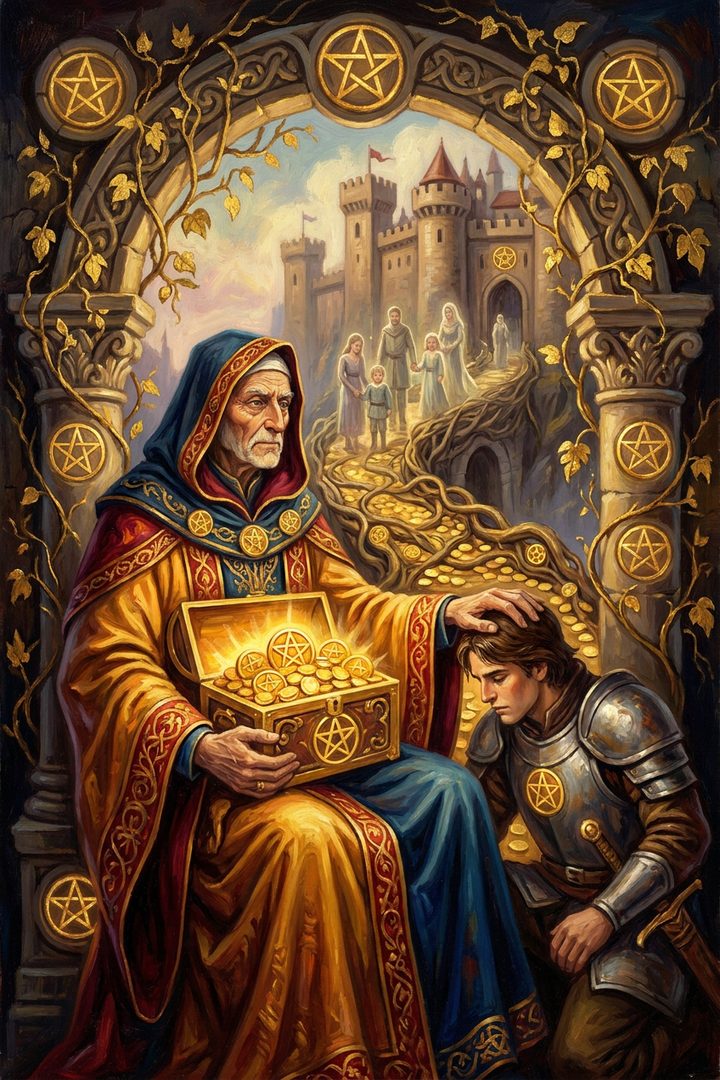 Ten of Pentacles: an original painted scene, an illustrated scene