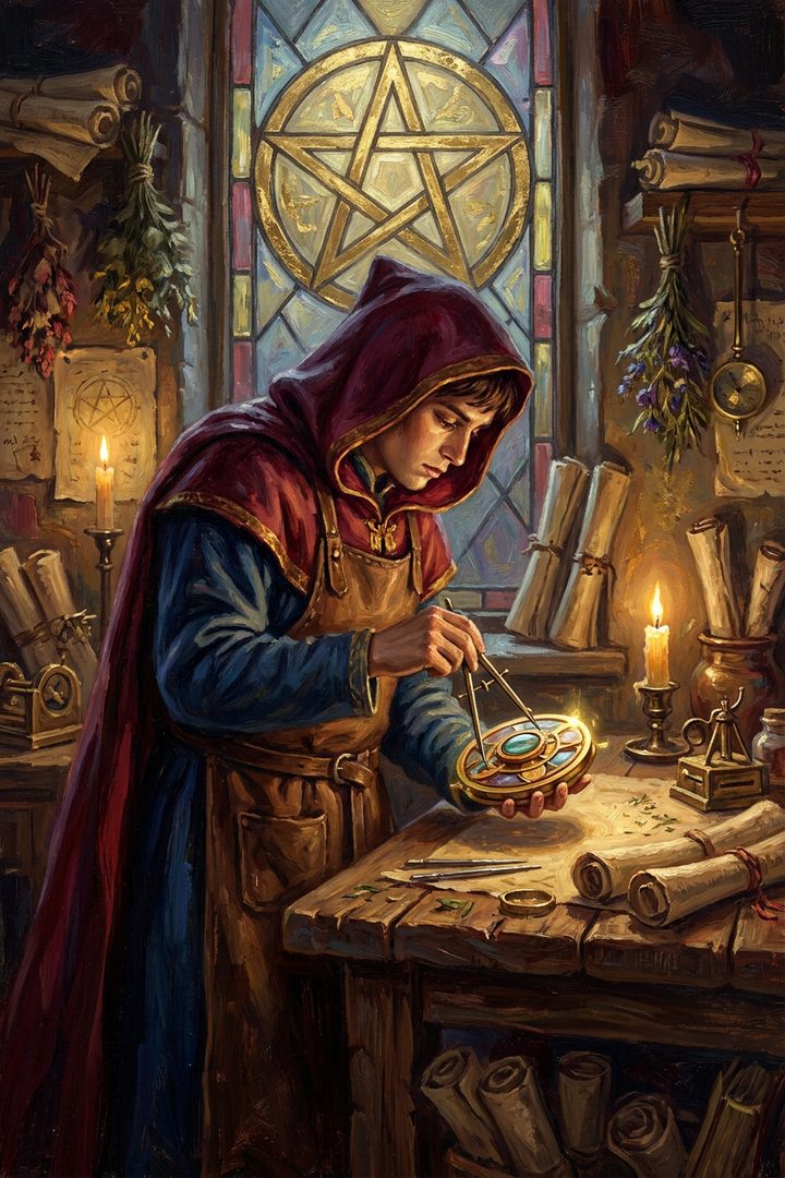 Page of Pentacles: an original painted scene, an illustrated scene