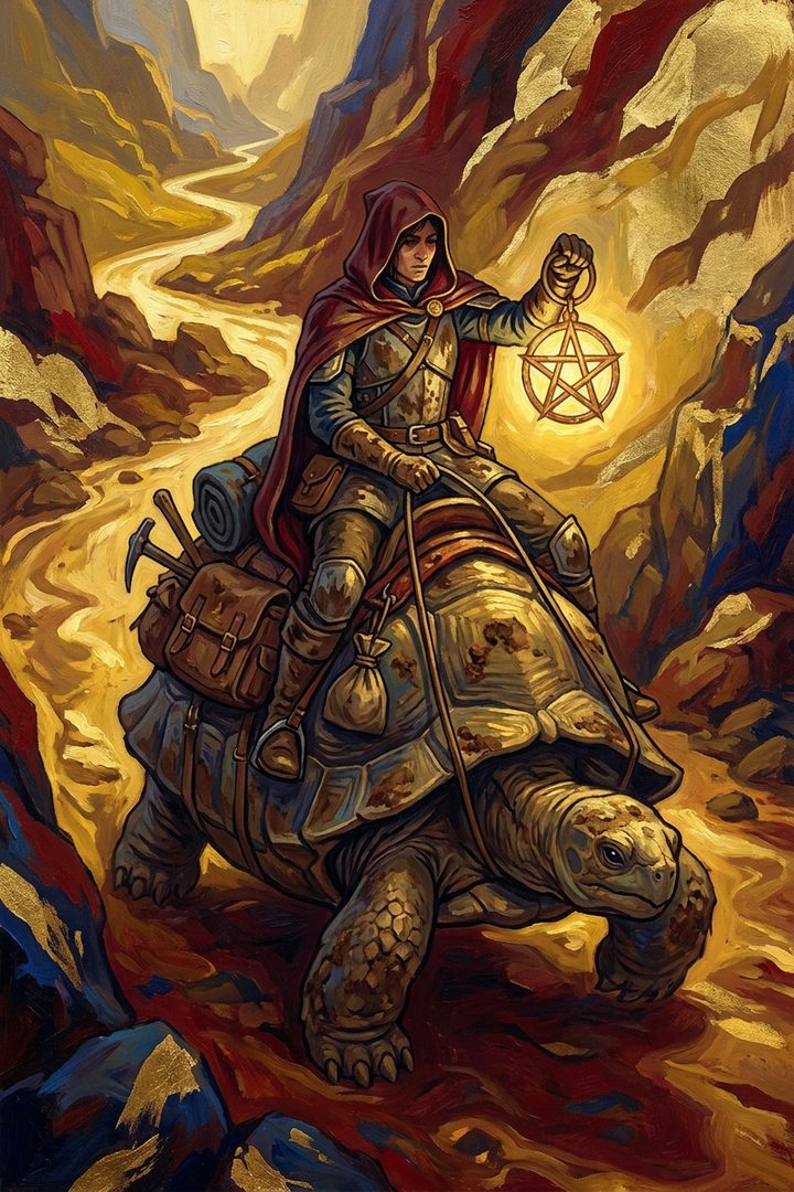 Knight of Pentacles: an original painted scene, an illustrated scene