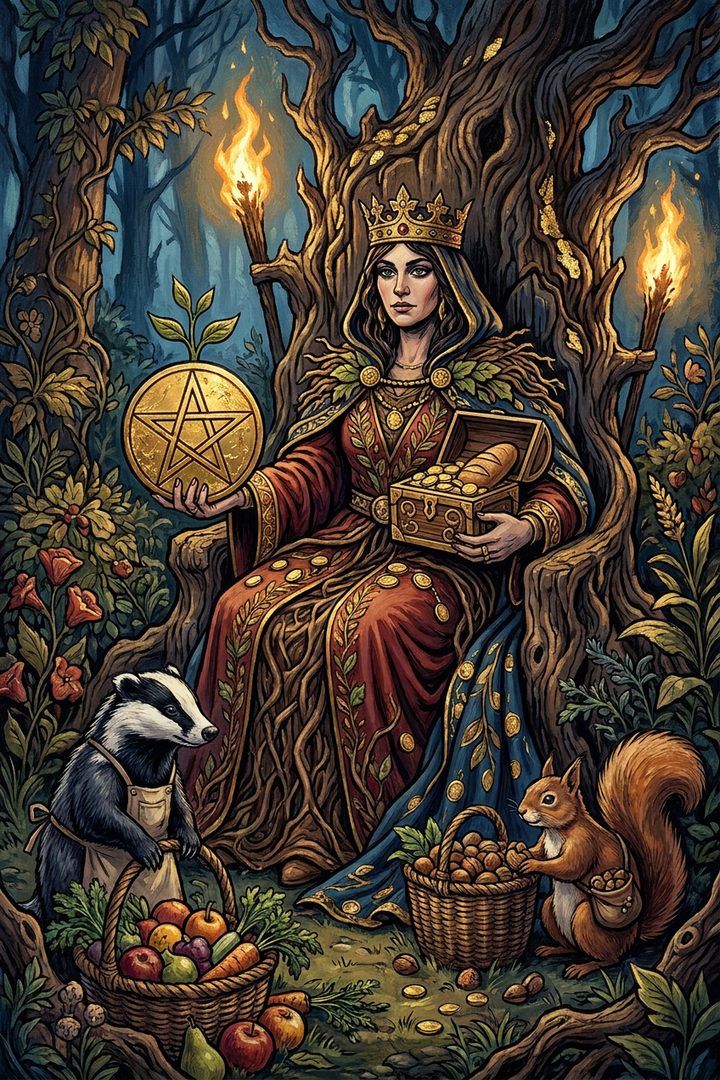 Queen of Pentacles: an original painted scene, an illustrated scene
