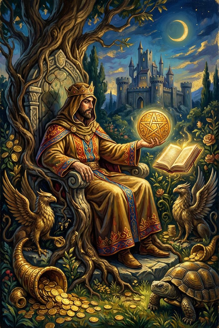 King of Pentacles: an original painted scene, an illustrated scene