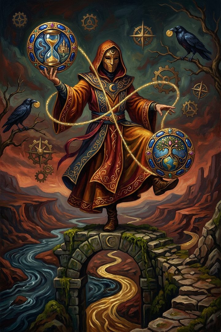 Two of Pentacles: an original painted scene, an illustrated scene