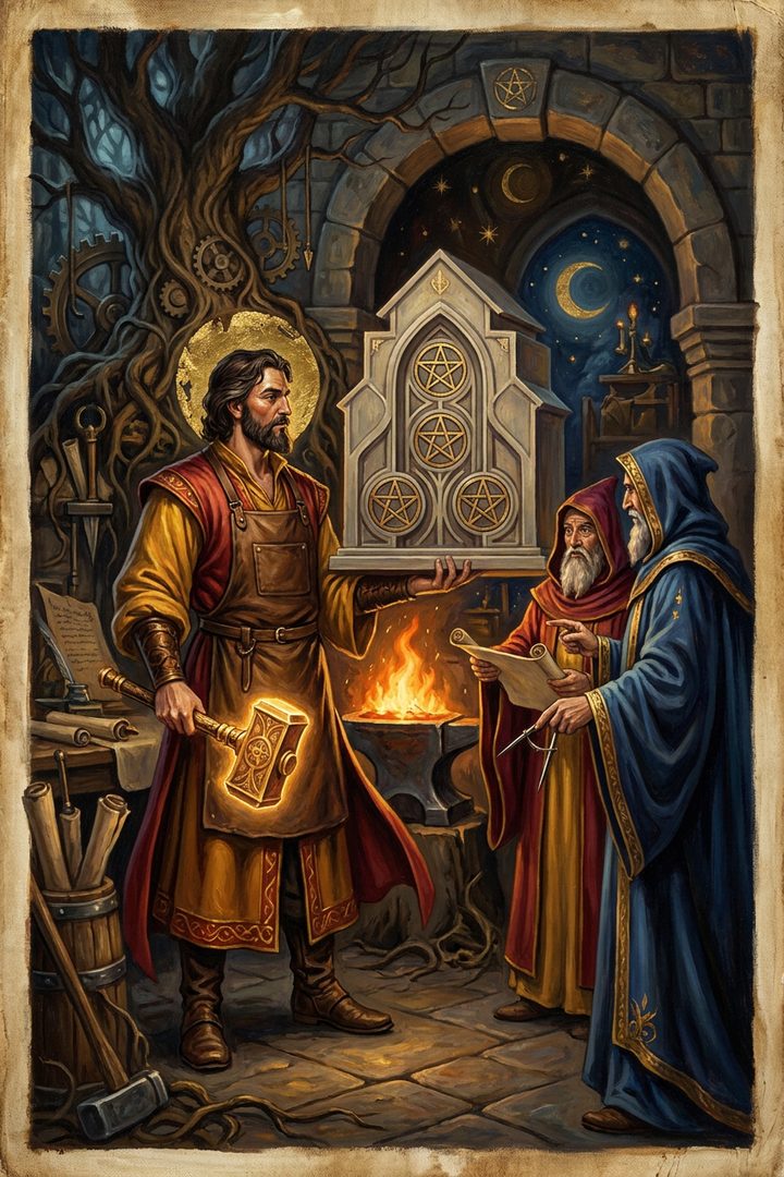 Three of Pentacles: an original painted scene, an illustrated scene