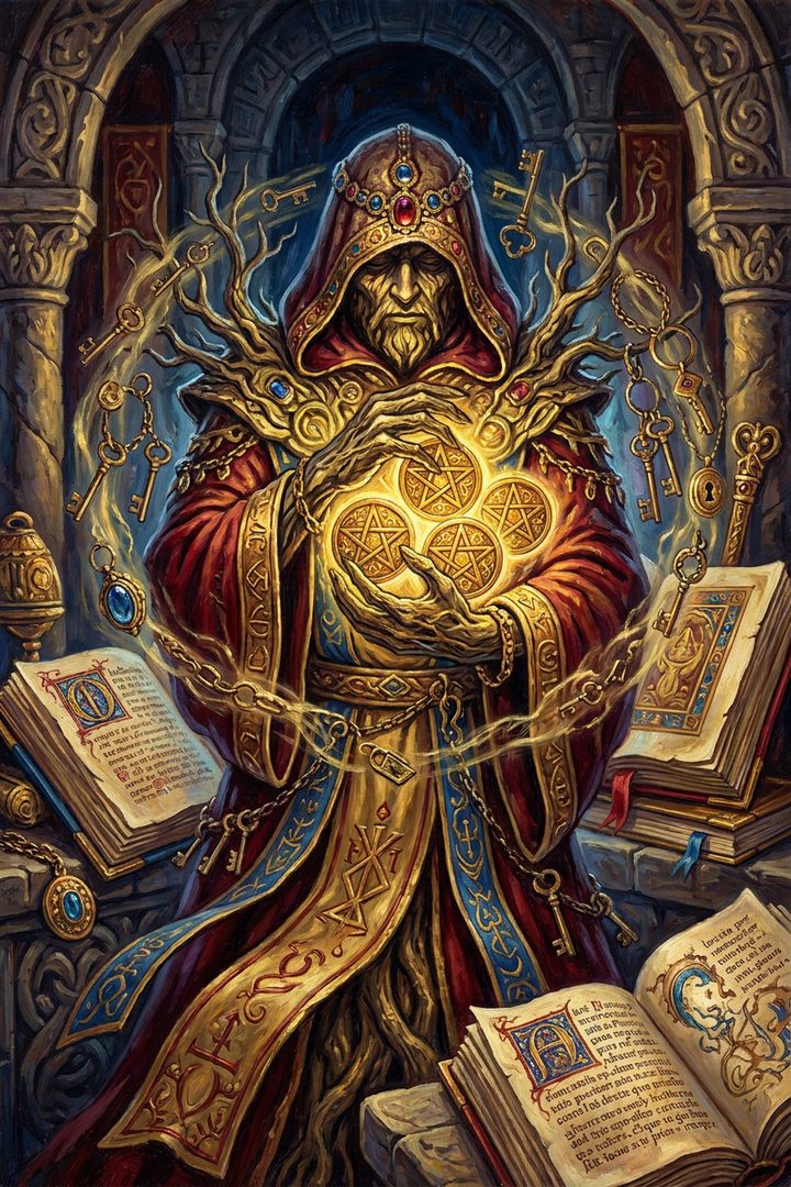 Four of Pentacles: an original painted scene, an illustrated scene