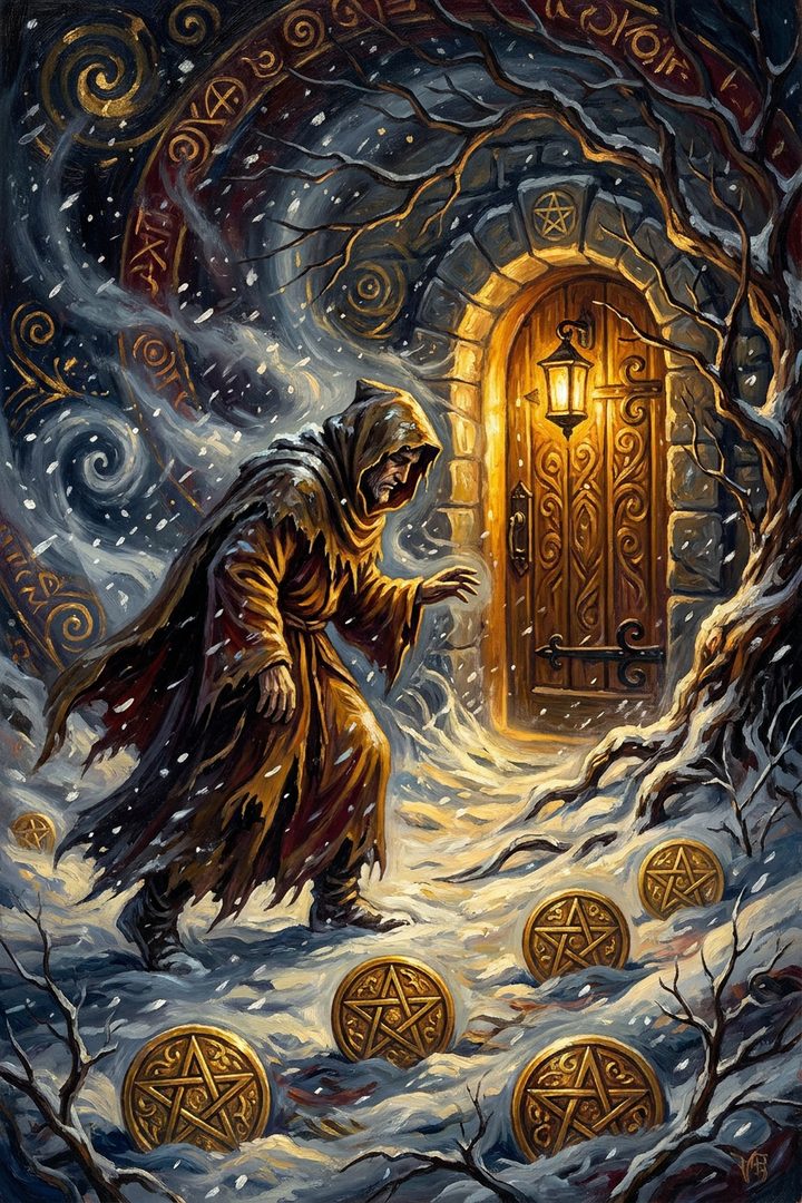 Five of Pentacles: an original painted scene, an illustrated scene