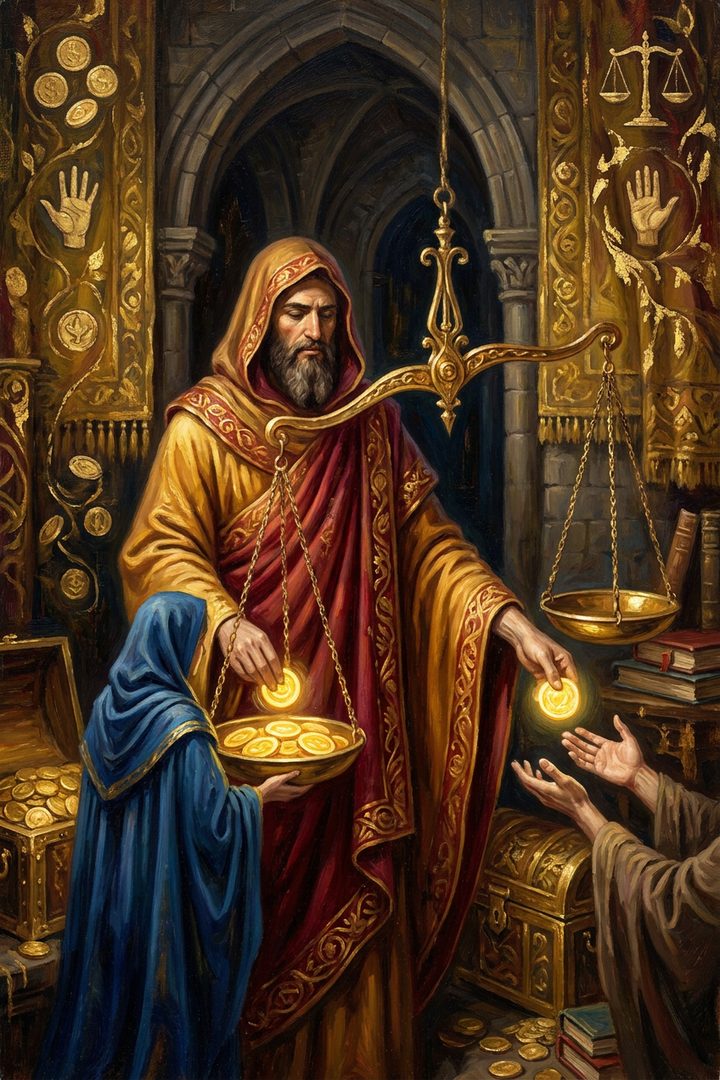 Six of Pentacles: an original painted scene, an illustrated scene