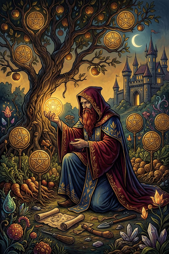 Seven of Pentacles: an original painted scene, an illustrated scene