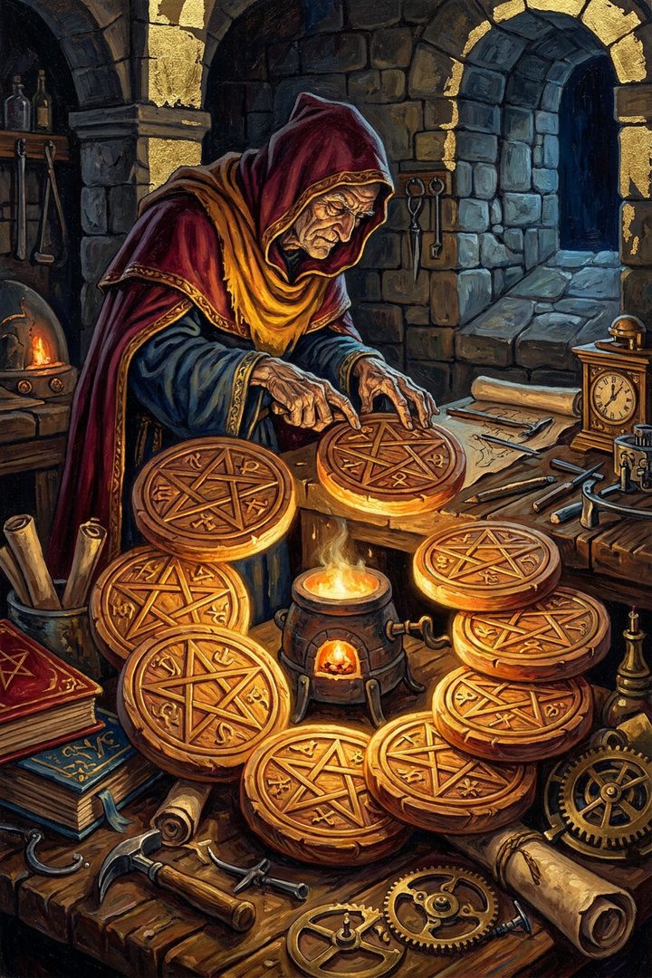 Eight of Pentacles: an original painted scene, an illustrated scene