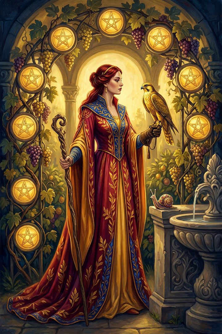Nine of Pentacles: an original painted scene, an illustrated scene