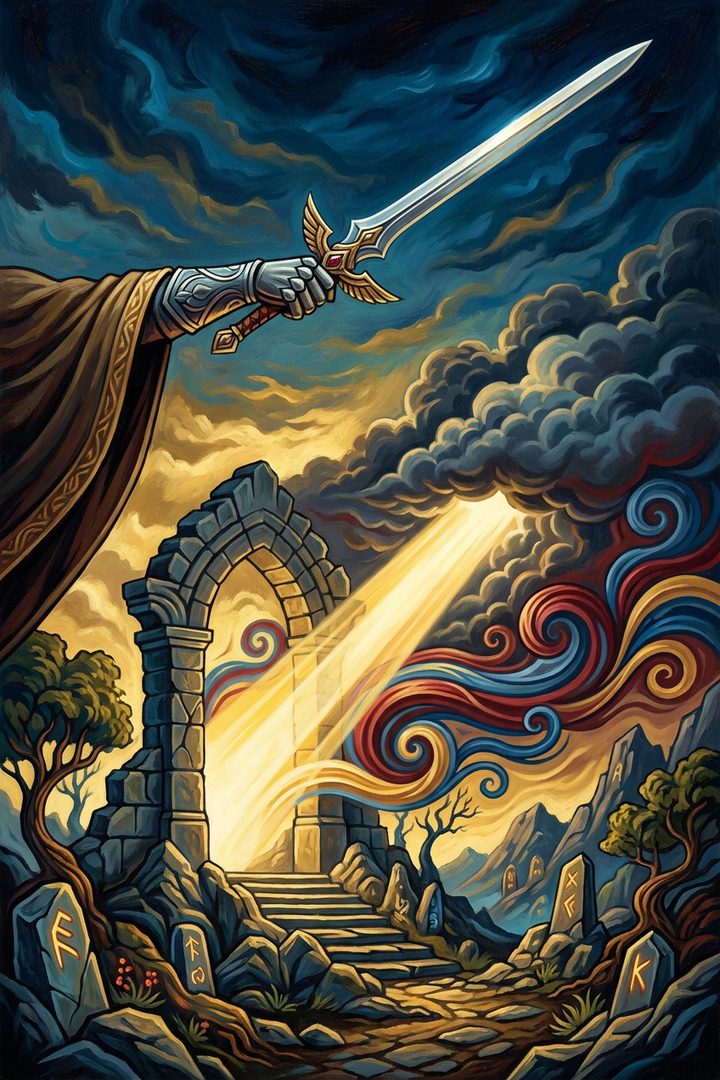 Ace of Swords: an original painted scene, an illustrated scene