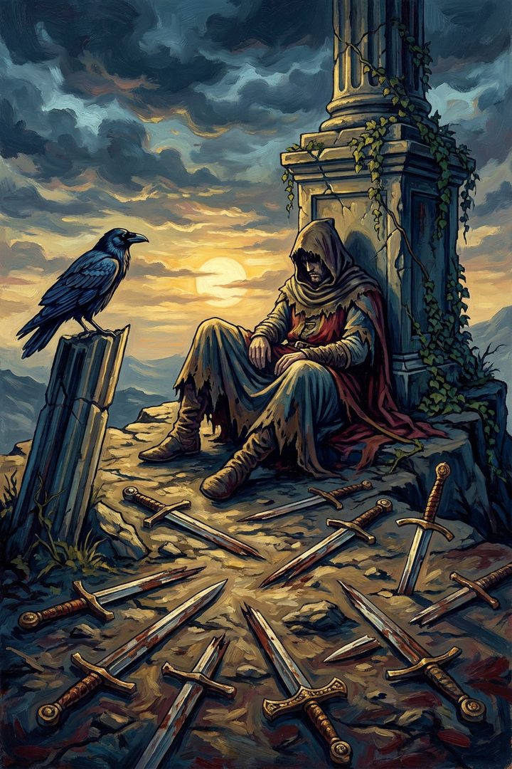 Ten of Swords: an original painted scene, an illustrated scene