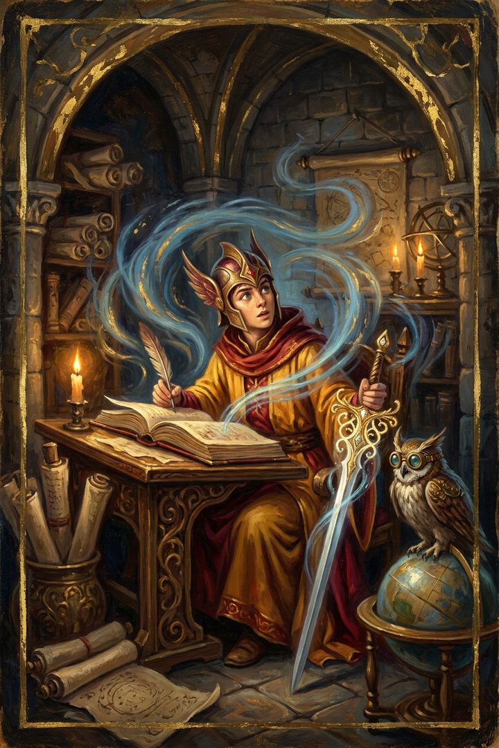 Page of Swords: an original painted scene, an illustrated scene