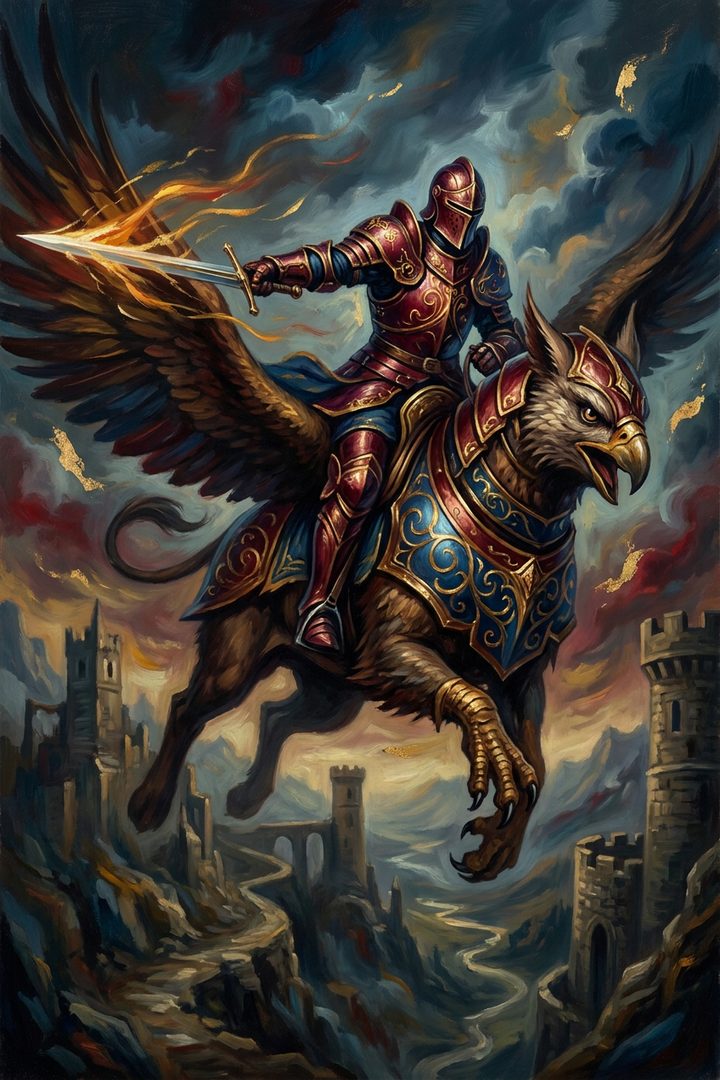 Knight of Swords: an original painted scene, an illustrated scene
