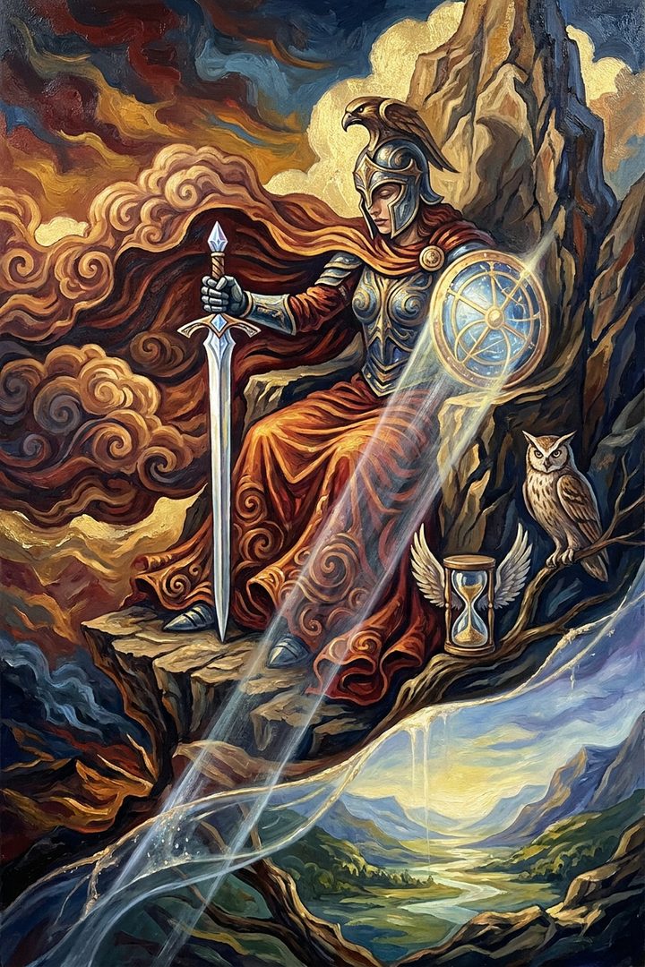 Queen of Swords: an original painted scene, an illustrated scene