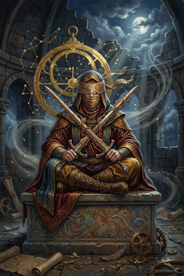 Two of Swords: an original painted scene, an illustrated scene