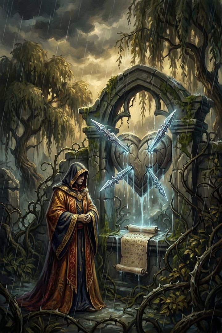 Three of Swords: an original painted scene, an illustrated scene